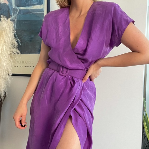 Vintage Purple Silk Midi Dress Belted Faux Wrap Small - Picture 4 of 5